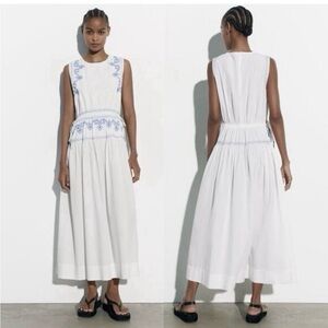 Zara White Maxi Dress with Blue Embroidery and Cut Outs - Size L